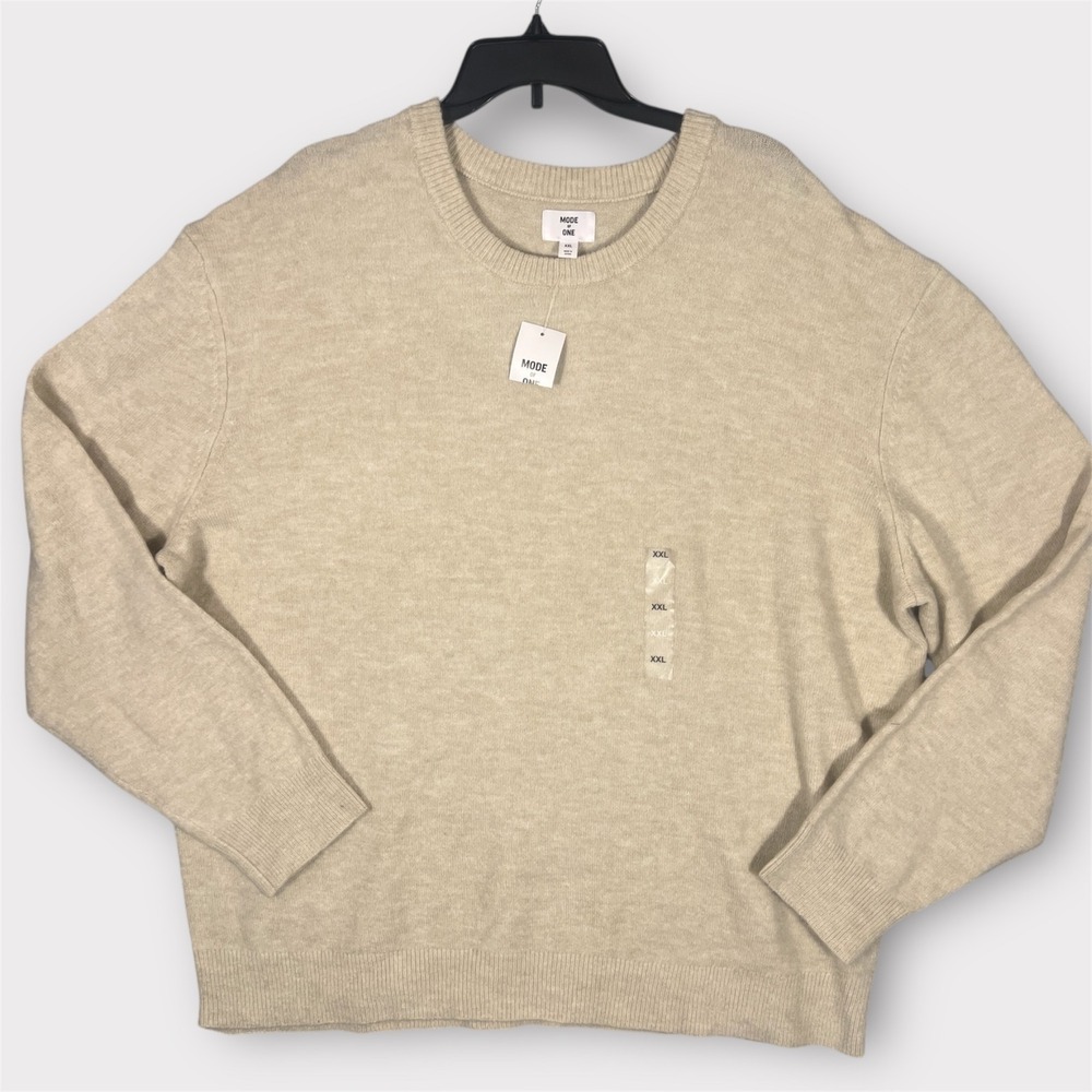 NWT Macy's Mode of One Men's Beige Crewneck Sweater XXL Minimalist Knit Pullover